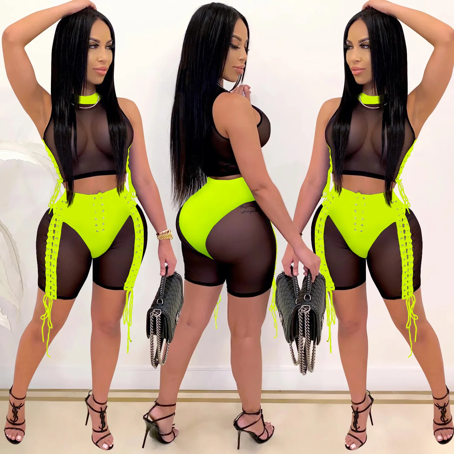 Tracksuits Women 2 Pieces Set Mesh Sheer See Through Tank Crop Tops Neon Color High Waist Lace-up Biker Shorts Female Clothes | Женская