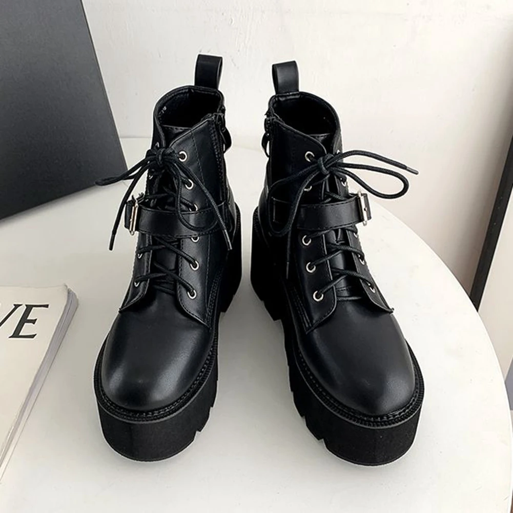 

Ботильоны BONJOMARISA женские на платформе, Черные полусапожки на шнуровке, на толстой подошве, с ремешком с пряжкой, крутая обувь для женщин