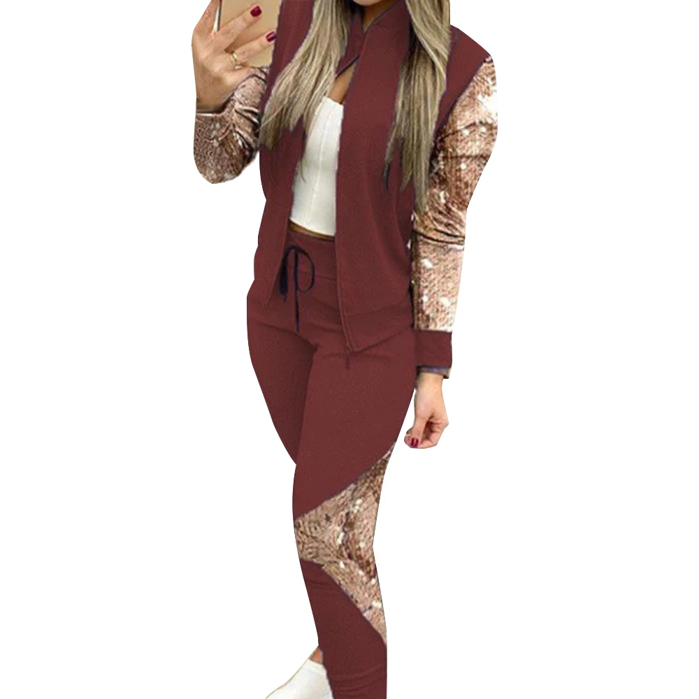 

2 Piece Set Women Sequins Casual Long Sleeve Spliced Colorblock Zipper Stand Collar Jacket Stand-Up Long Pant Elegant Clothing