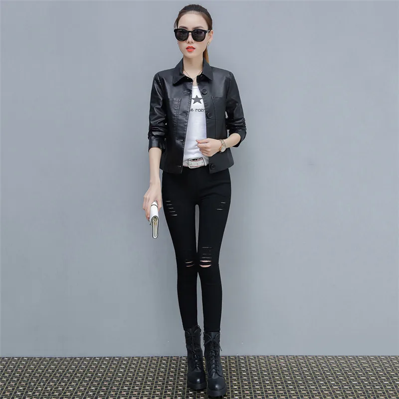 

Leather Jacket Women Caramel 3XL 4XL Plus Size Short Slim PU Coat 2021 New Spring Autumn Korean Fashion Chic Moto Clothing
