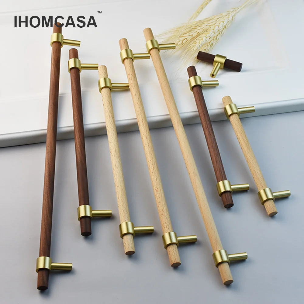 

IHOMCASA Nordic Style Brass Black Walnut Furniture Handles Wood Pulls Cupboard Wardrobe Dresser Shoe Box Drawer Cabinet Knobs