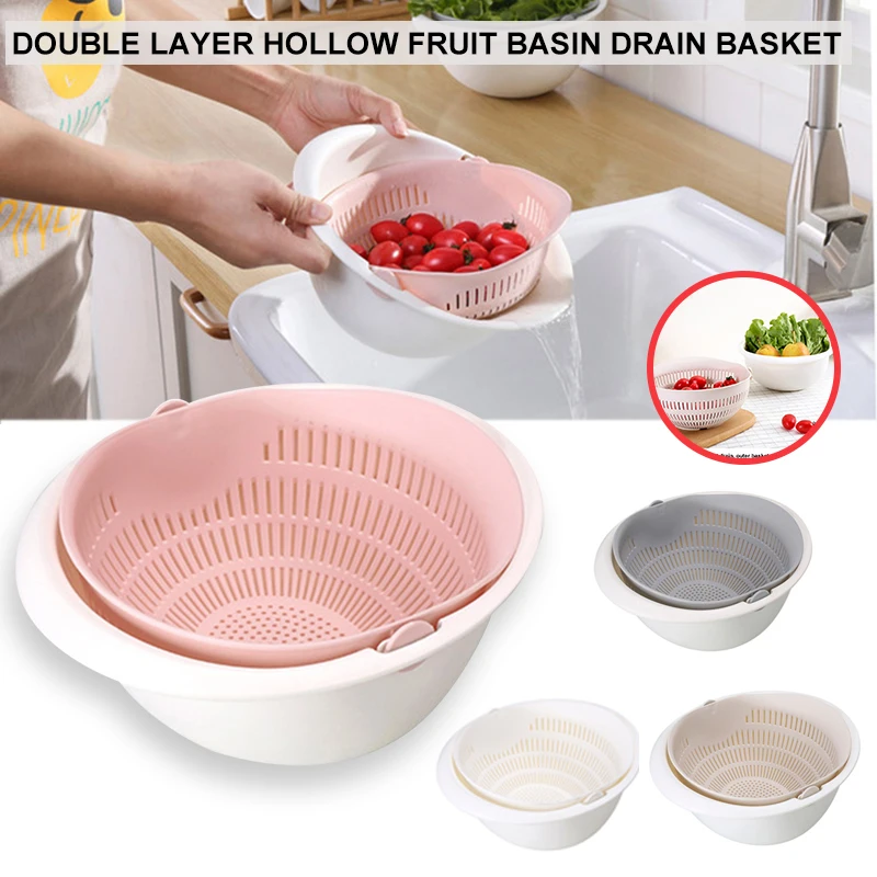 

Double Layer Swivel Drainer 2 in 1 Bowl Strainer Combo Durable Washable Convenient Detachable for Cleaning Veggies RE