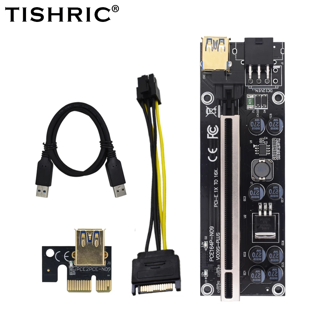 

100Pcs TISHRIC VER009 USB 3.0 PCI-E Riser Card 1X 4x 8x 16x Expres SATA 15Pin To 6 Pin Adapter Extender Mining Miner