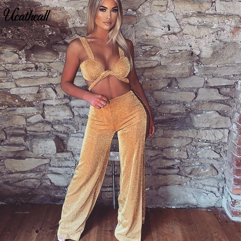 Сексуальный топ без рукавов + брюки с разрезом сбоку комплект из 2 предметов