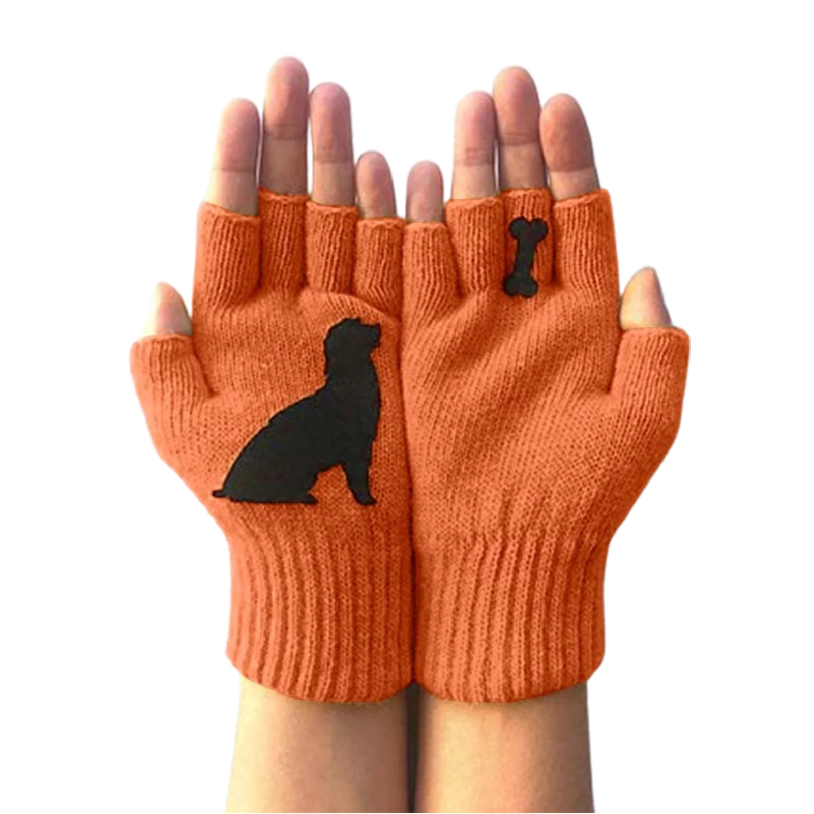 

Women's Gloves Outdoor Warm Cute Cartoon Puppy Bone Printing Gloves Half Finger Mittens Female Solid Color Thick Knitted Mitten