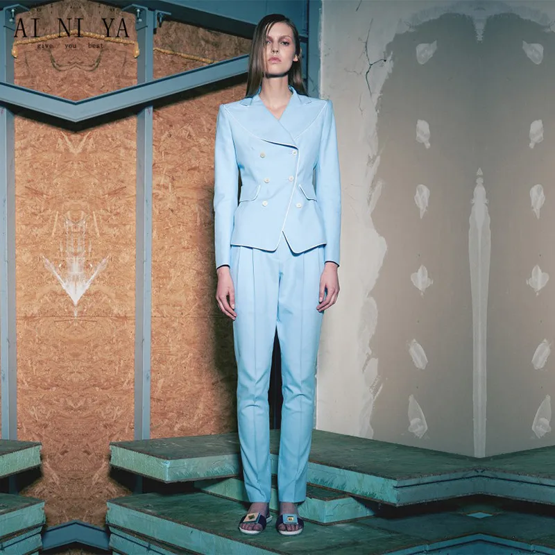 Модные женские светильник синие штаны костюм Slim Fit куртки с брюками в винтажном