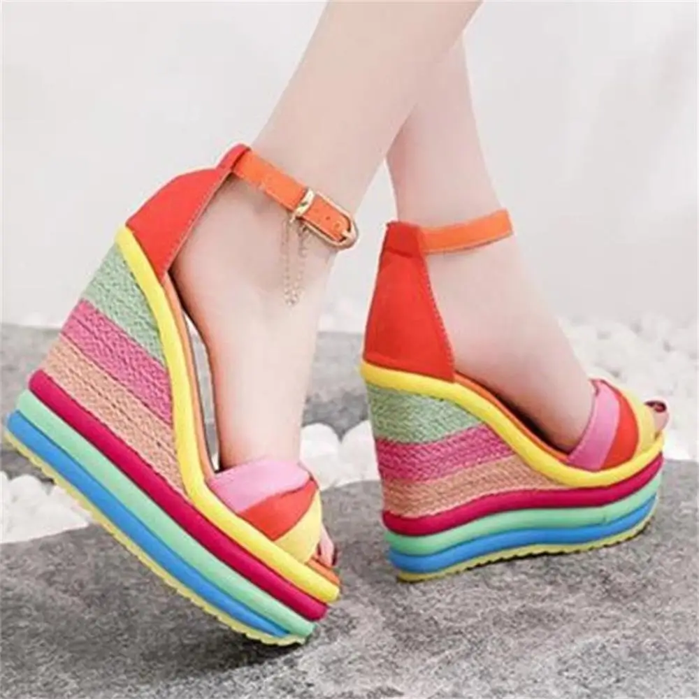 

Women Summer Sandals High Heel Wedges Rainbow Platform Sandals Peep Toe Rome Ladies Sandals Women Shoes Sandalias De Las Mujeres