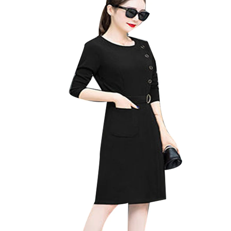 

Women's Spring Summer Style Dress Women's Elegant Pockets Solid Color Button O-neck Half Sleeve Korean Dress SS1675