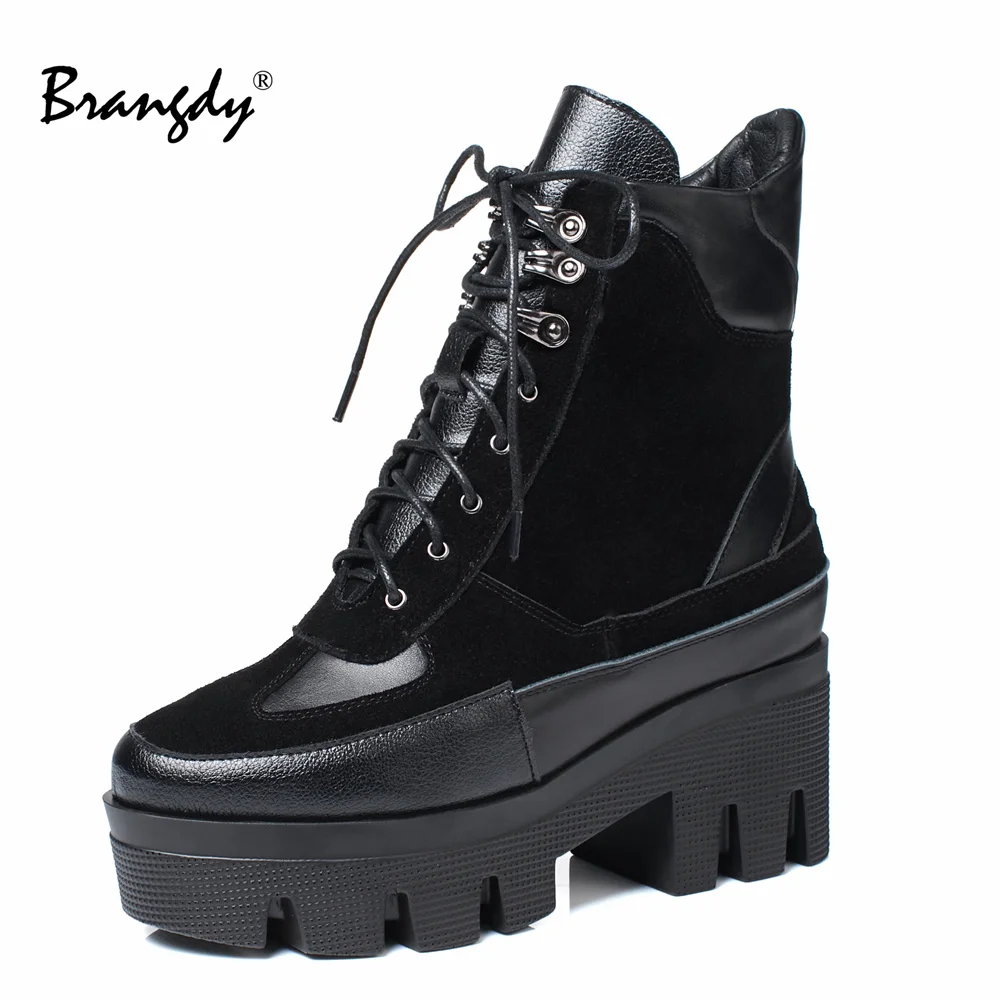 

Brangdy Round Toe Platform Women Martin Boots Chunky Punk Genuine Leather Womens Gothic Shoes Classical Lace Up Print Size 34-42