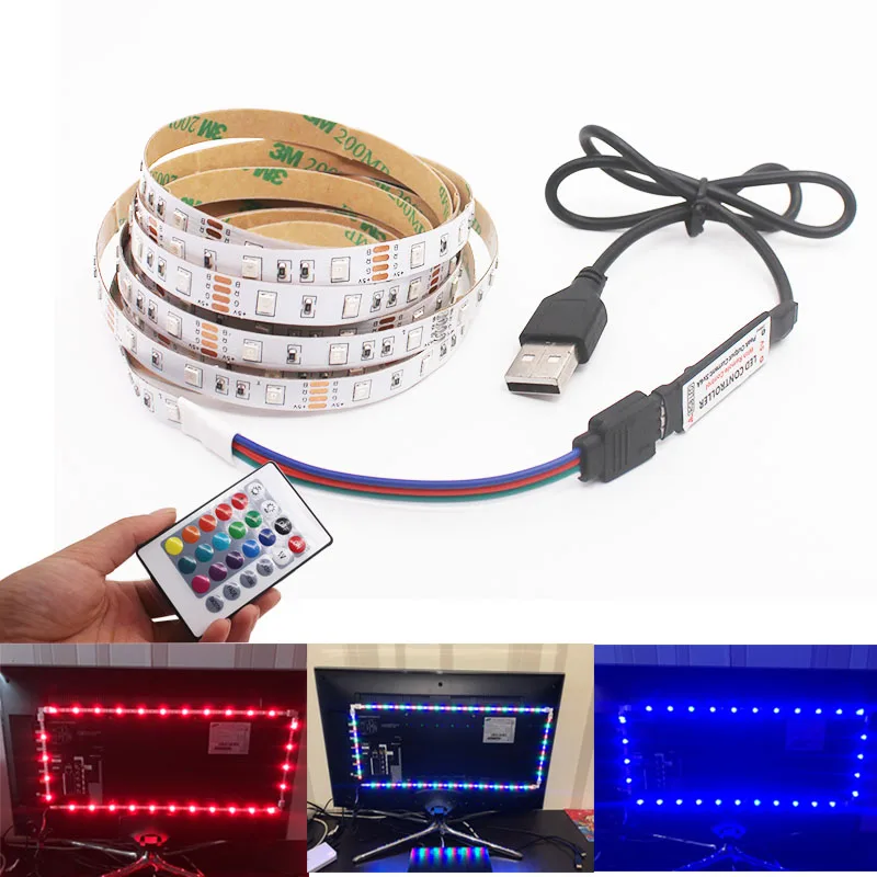 DC5V Светодиодная лента 24Key USB/кабель питания батареи Гибкий Светильник 1 м 2 3 4 5 SMD 2835