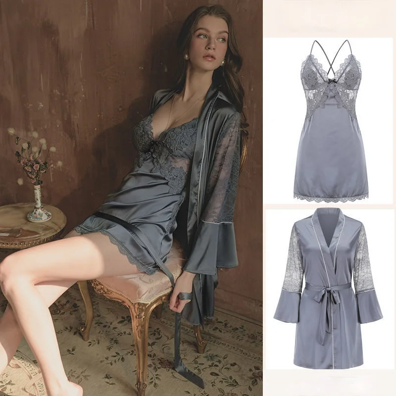 

QWEEK Satin Sexy Robe Sets Sleepwear Bathrobe Peignoir for Women Silk Like Nightgown Female Lace Embroidery Summer Dressing Gown
