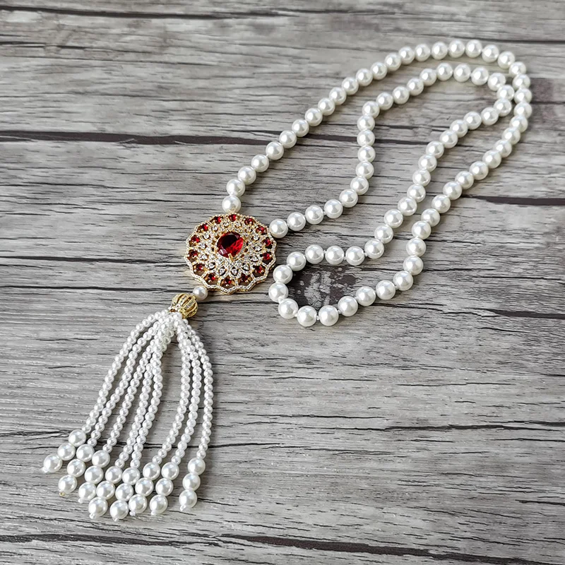 

1Pcs New design Red Zircon charm Jewelry CZ Micro pave Round Pendant,Natural Shell Pearl Beads tassel Women Necklace NK531