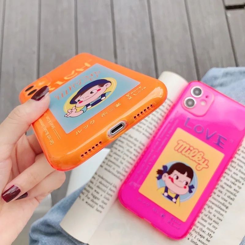 

Transparent Plastic Soft Fluorescent Rich Pink Milky Girl/Orange Milky Boy Phone Case For iphone6 7/8Plus XR XSMAX 11ProMax 20SE