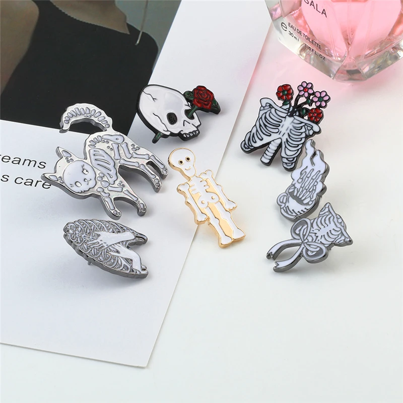 Skull Skeletons Collection Brooches Badge Cat Ribs Rose Skeleton Enamel Pin Punk Gothic Jewelry Denim Shirt Bag Lapel Pins Gifts | Украшения