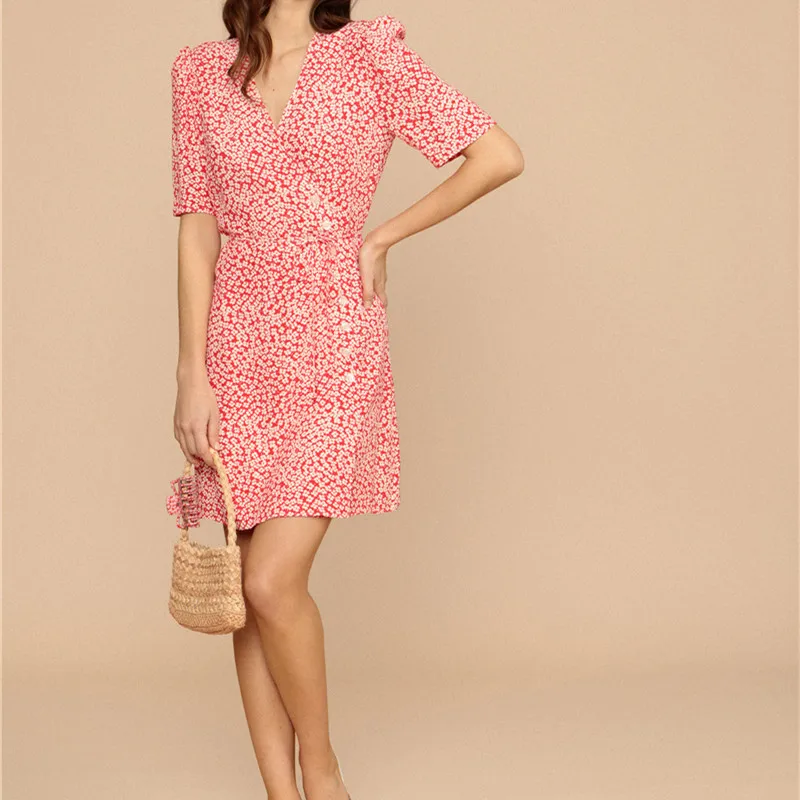 Женское платье-мини с запахом красное платье V-образным вырезом цветочным