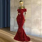 Блестящее красное платье-Русалка с блестками, выпускное платье с V-образным вырезом и открытыми плечами, женское официальное вечернее платье с поясом, элегантное платье для торжества