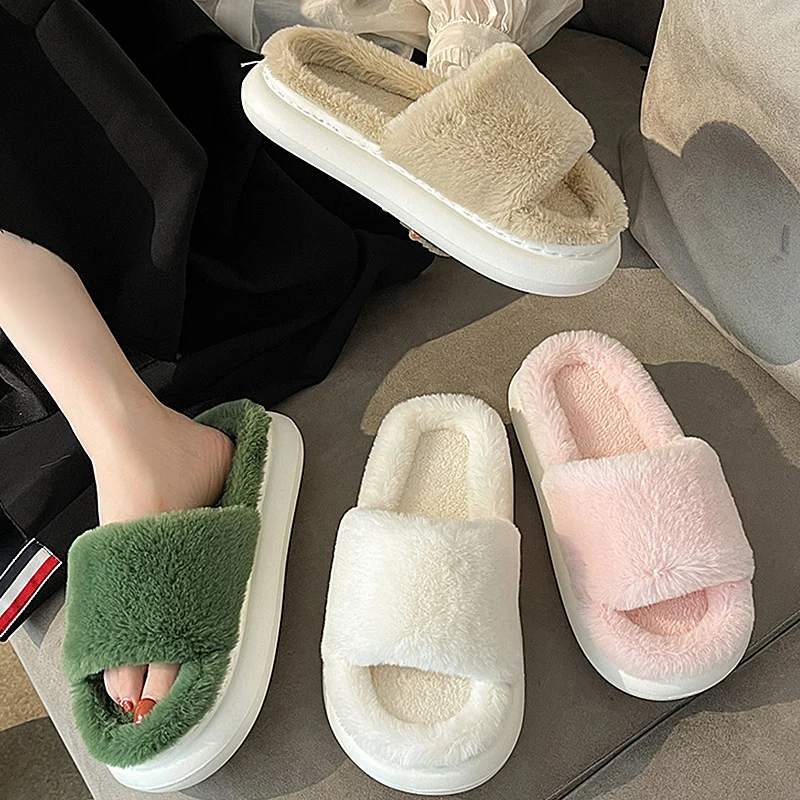 Woman Super Soft Indoor Fur Slippers Winter Platform Warm Plush Slipper Female House Cotton Shoes Bedroom Antiskid Sewing Slides