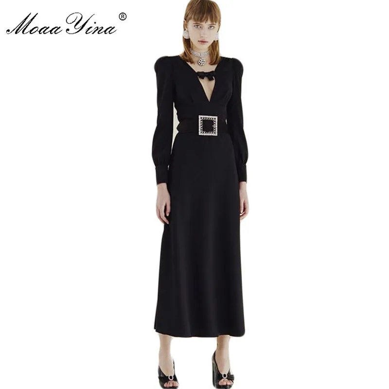 MoaaYina модное дизайнерское подиумное платье Весна Осень женское 3/4 рукав бант v