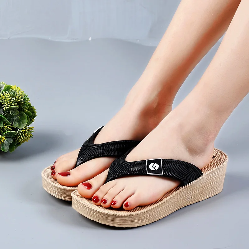 

Indoor Outdoor Flat Non-slip Soft Cute Thick-sole Mid-heels Women's Summer Flip-flops Shoes on High Slippers Sandals 2021 Sandal