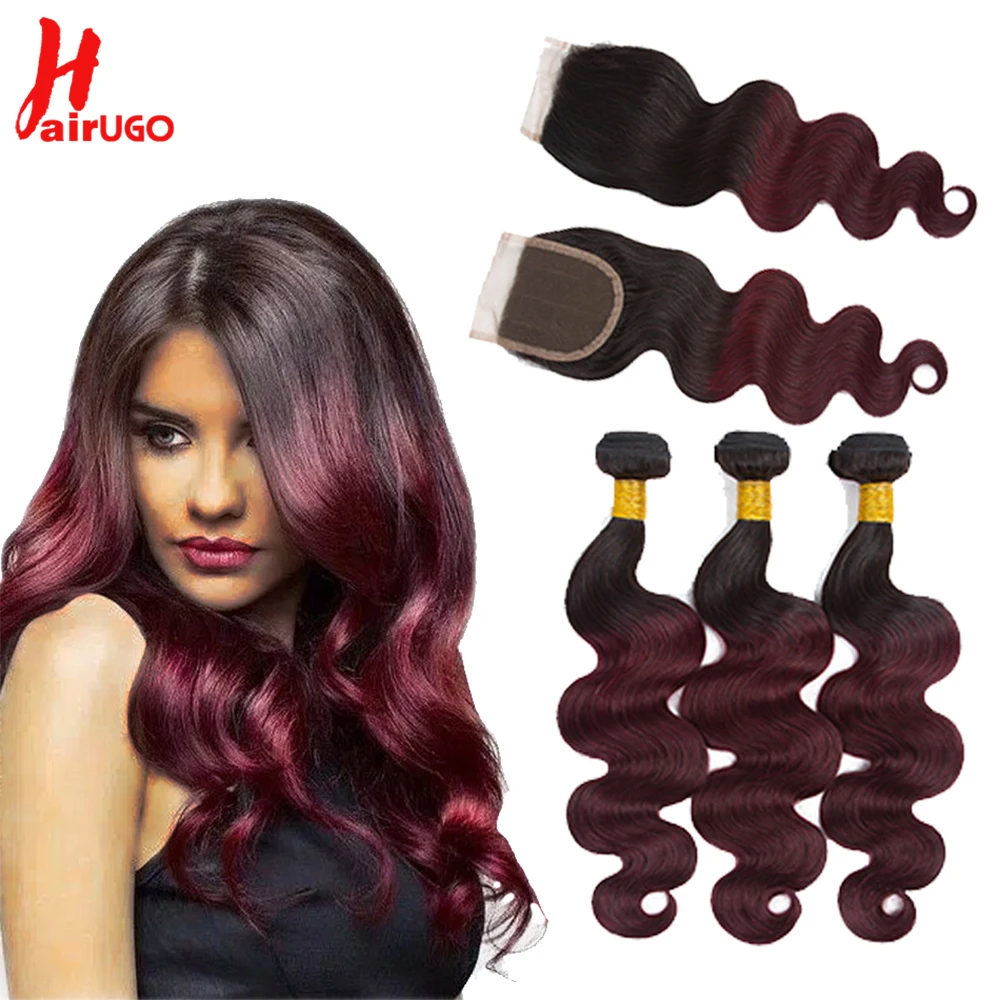 HairUGo Brazilian Body Wave Hair Weave Bundles With Lace Closure Ombre 1B/99J Human Hair Bundles With Closure Remy Hair