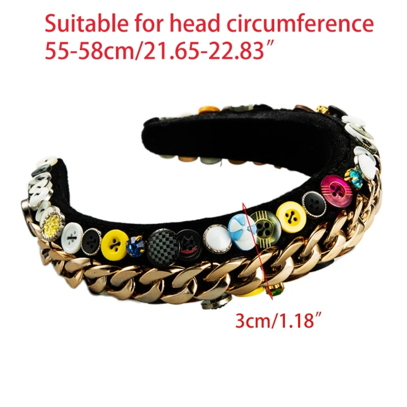 

Baorque Velvet Sponge Padded Headband Vintage Colorful Buttons Jewelry Hair Hoop Shiny Twist Metal Chain Bandana Crown