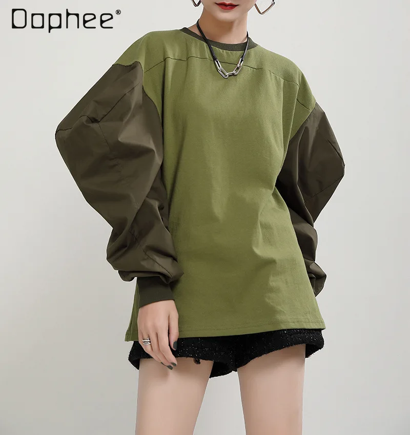 

2021 New Ins Trendy Puff Sleeve Patchwork Loose Slimming Crew Neck Pullover Sweatshirt Women's Top Hoodie
