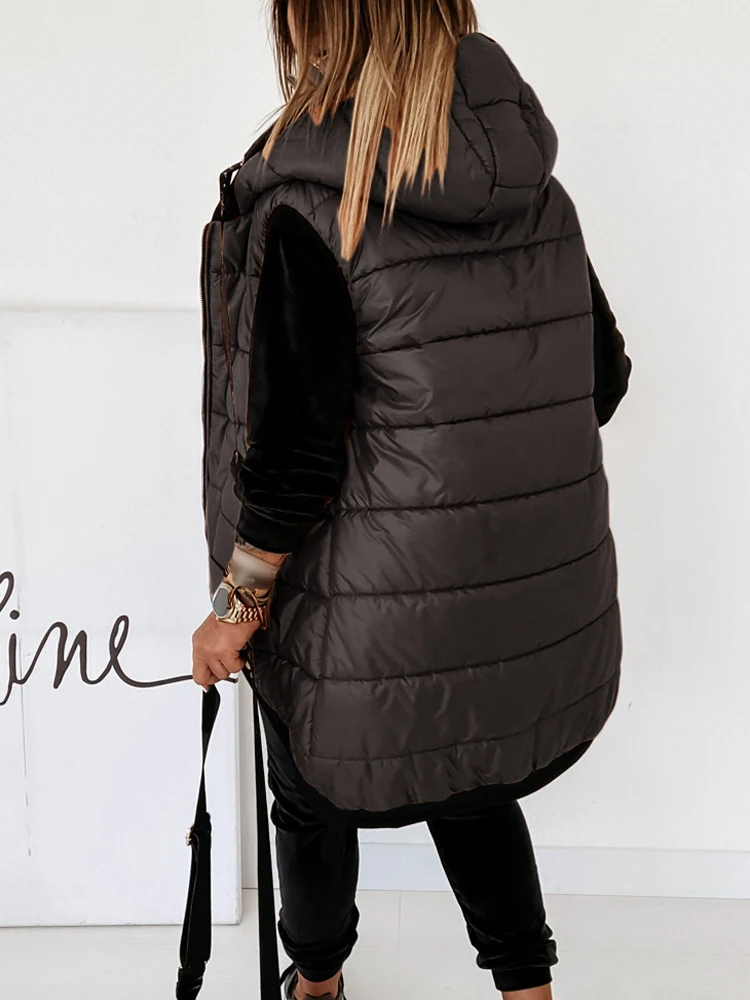 Sleeveless Jacket Women Casuald Hooded Coat Fashion Casual Autumn Winter Waistcoat Vest Zip Up Cotton Padded Quilted Jackets