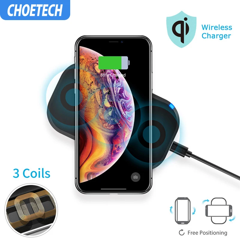 CHOETECH 3 катушки 10 Вт Qi Быстрое беспроводное зарядное устройство для samsung S8 S9 S10 зарядное устройство для iPhone X XS XR 8 Plus Xiaomi Mi 9 зарядное устройство