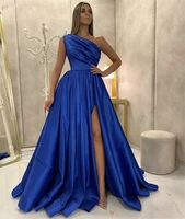 sexy royal blue prom dresses a line side slit satin robe de soiree one shoulder split long evening formal gown vestidos