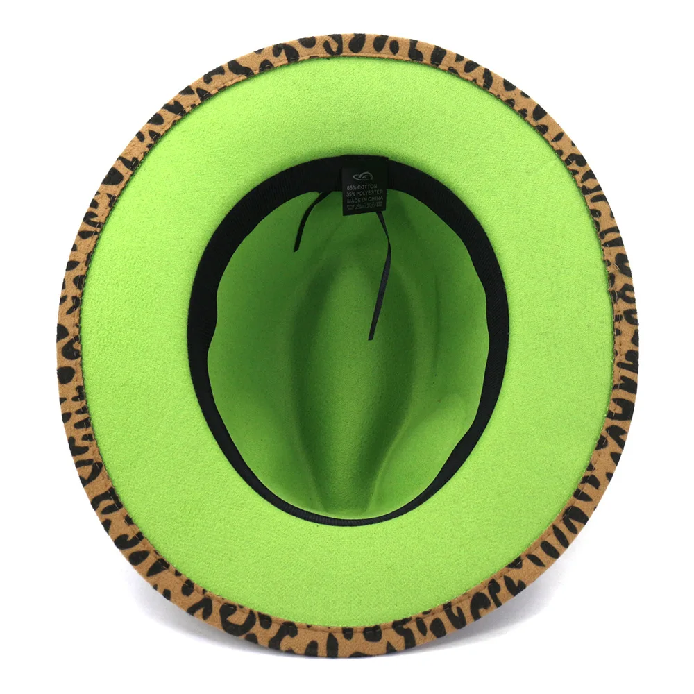 

Women's color matching leopard print wool jazz hat autumn and winter wide brim fedora hat flat brim hat men's wedding hat