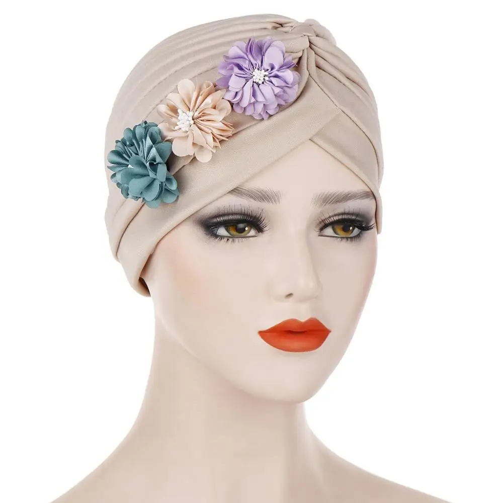 

3 Floral Applique Elastic Turban Hat Muslim Hijab Cancer Chemo Cap Ladies Hijab Stretch Head Wrap Head Scarf Inner Cap Fashion