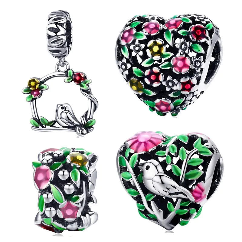 Fit браслет в европейском стиле Silver 925 Original Green Tree Bird Cherry Blossom Heart Beads Flower Bush Titmouse Charms