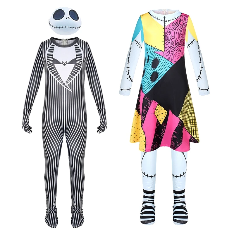 

The Nightmare Before Christmas Sally Cosplay Costume Girls Halloween Carnival Printed Jack Jumpsuit Dress For Kids Girl