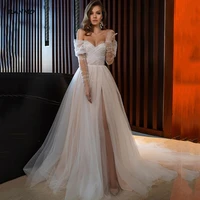 sexy wedding dresses corset back champagne wedding gowns long sleeve dots tulle high split side bridal dress