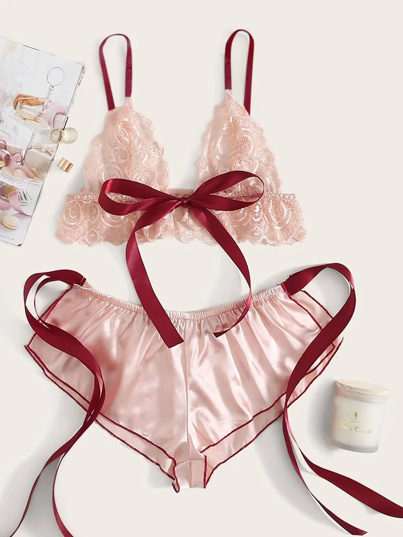 

Sexy Summer Bandage Transparent Lingerie Bralette Underwear Set Women Lace Bow Brief Sets Eyelash Lingerie Bra & Pants