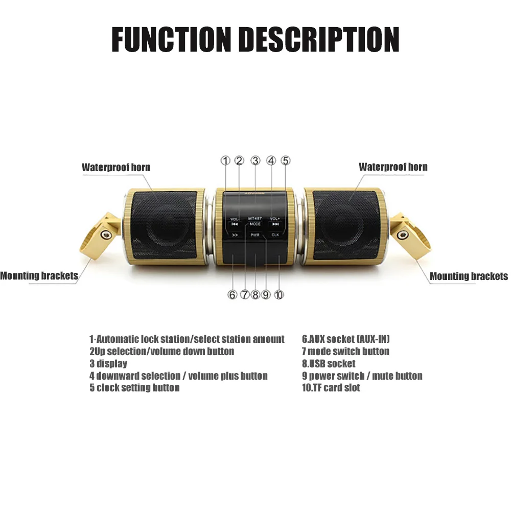 

Motorcycle Bluetooth Music Player MP3 Waterproof High quality Motorcycle Stereo Speaker MT487 FM Radio Adjustable LED Screen