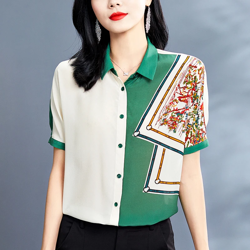 100% Natural Real Silk Women Casual Shirt 2022 Summer Elegant Turn-down Collar Short Sleeve Loose Tops Office Lady Print Blouse