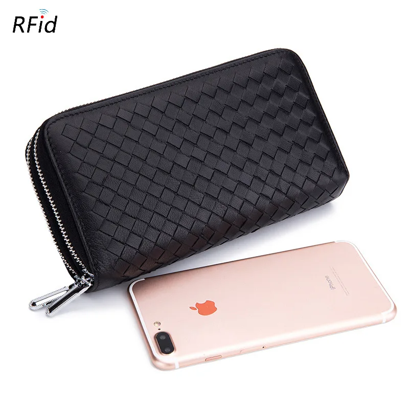 

2021 New Large-capacity Unisex Long Wallet Multi-card Sheepskin Double Zipper Woven Wallet