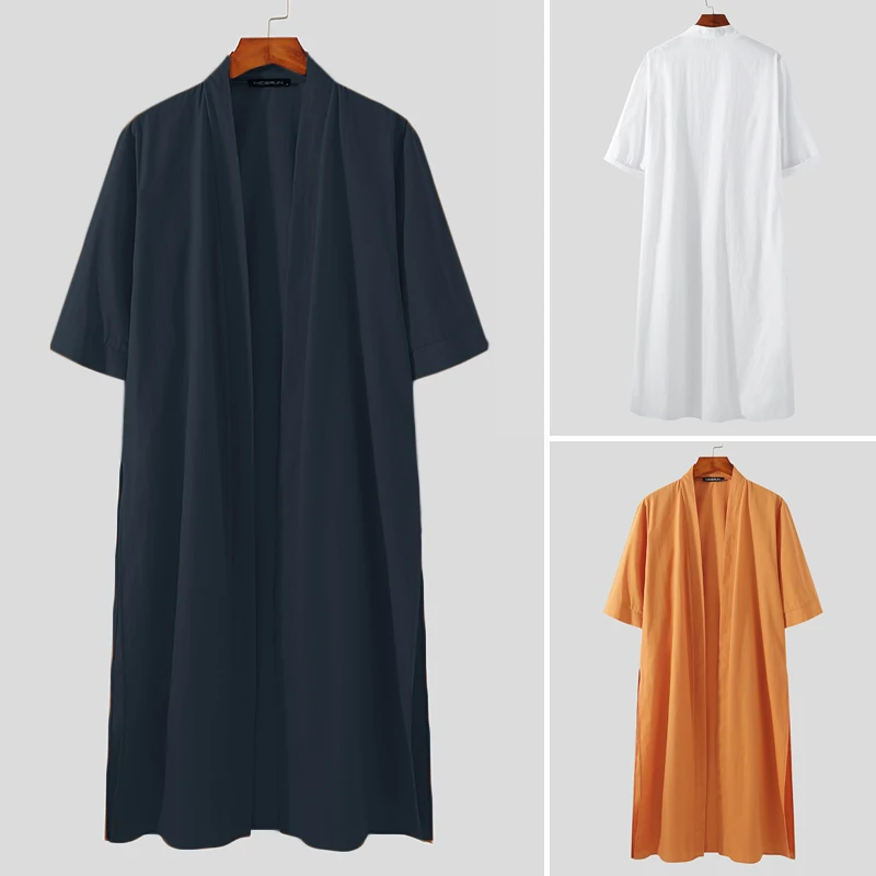 

Мужская Однотонная рубашка с открытым стежком, длинный кардиган с рукавом до локтя, свободная уличная одежда для отпуска, повседневная верх...