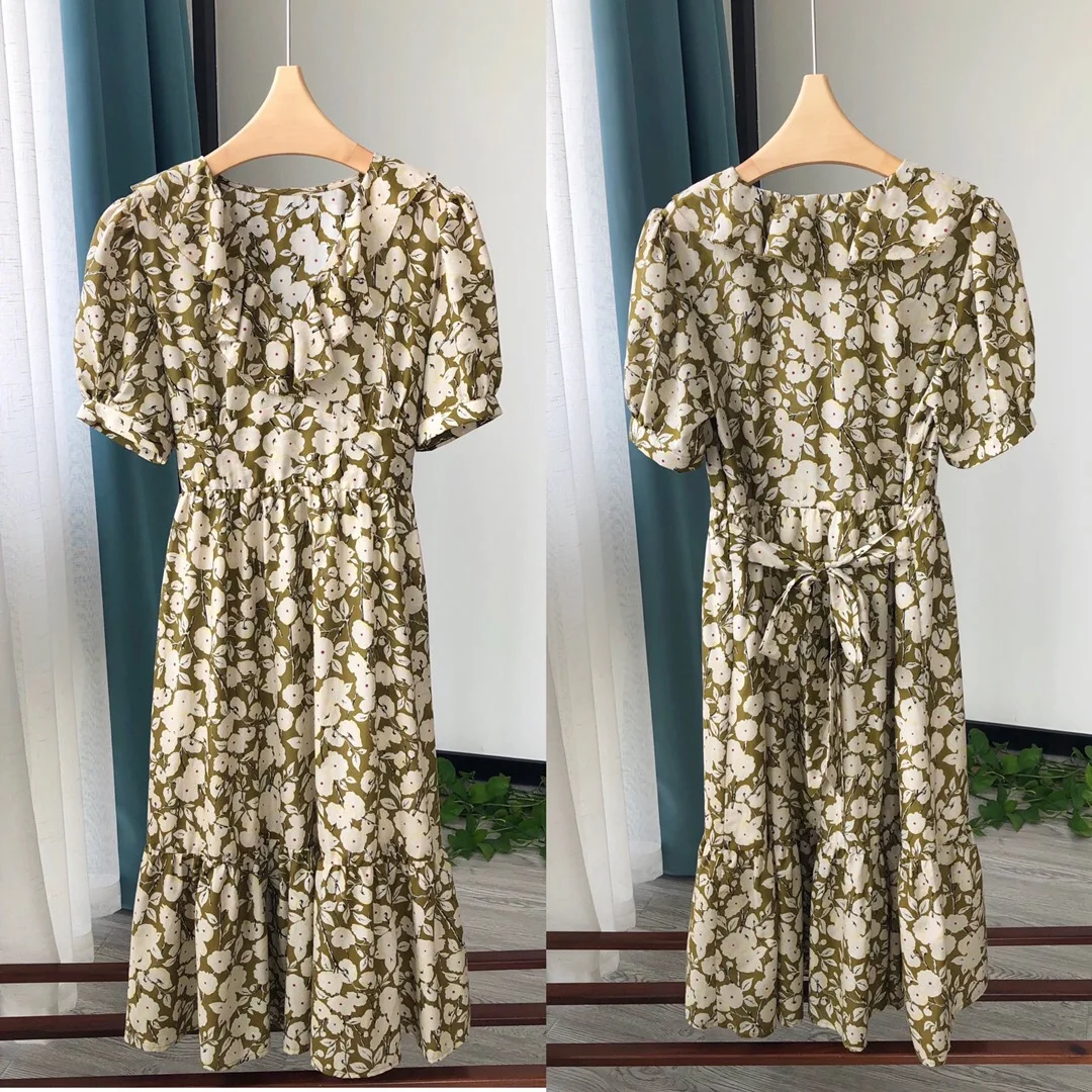 

French Retro Bohemian Heritage Women's Ruffles Trim V neck Short Sleeve Floral Print Mid-calf Dress Waist Dress For Holiday