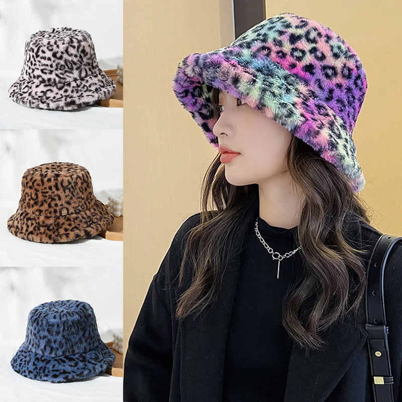 

Fashion Women Plush Bucket Hats Winter Cow Leopard Print Faux Fur Fisherman Hat Outdoor Warm Hat Soft Plush Basin Cap Panama