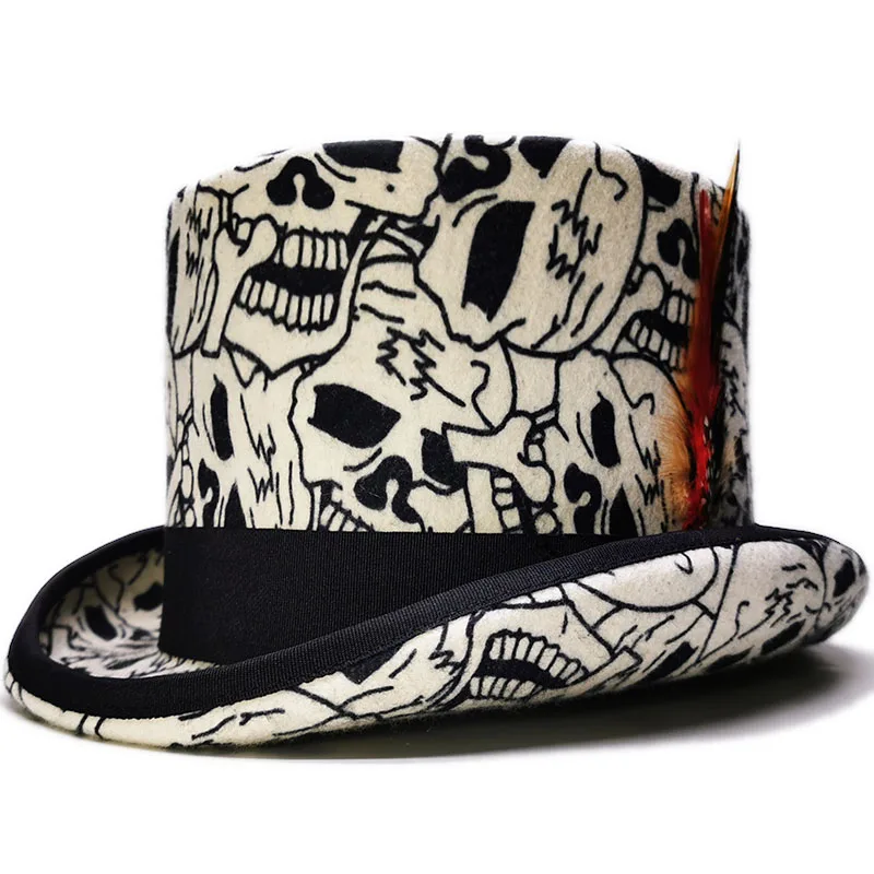 100% Wool Felt Skull Feather Decor Steampunk Formal Squire Top Cap Magician Fedoras Retro President Lincoln Gentleman Bowler Hat