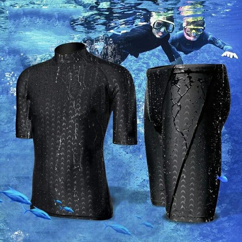 Men Short Sleeve Sharkskin Swimsuit Set Swimming Shirt+Shorts Surfing Diving Beach Quick-Drying Men Swimwear