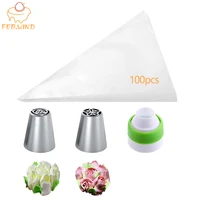 100 pcs disposable icing piping bags with russian tulip icing piping tipsnozzles frosting bags cake decorating tools 055