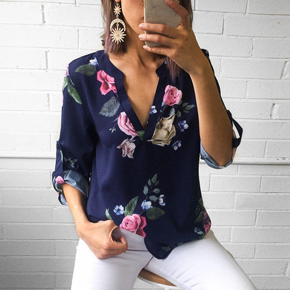 HEFLASHOR Lady Casual Floral Printed Tops Shirt Fashion Women Summer Loose Top 3/4 Sleeve V-neck Blouse Women's Leaf Print |