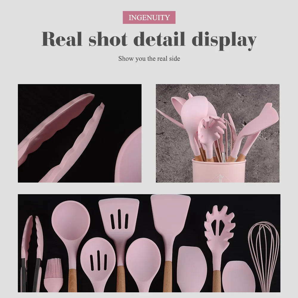 Набор силиконовой кухонной утвари с ложкой и антипригарной деревянной ручкой 12