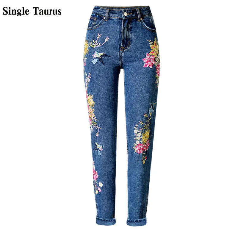 

Embroidery Jeans for Women High Waist Straight Loose Vintage Pantalon Femme Flower Bird Pattern Trouser England Blue Denim Pants