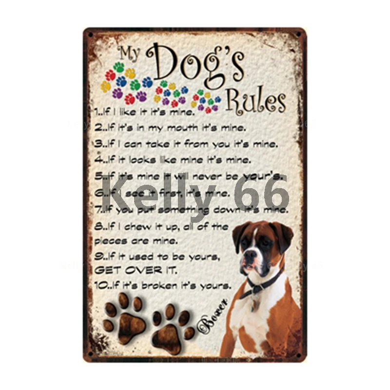 

[ Kelly66 ] Dogs Rules Warning Overly Affectionate Boxer On Duty Metal Sign Home Decor Bar Wall Art Painting 20*30 CM Size DG-8