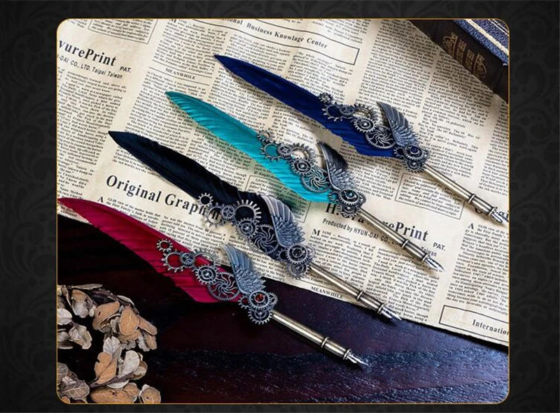 

Vintage advertising gift ink pen metal pen set English painting and calligraphy feather pen set birthday gift box 5 nibs