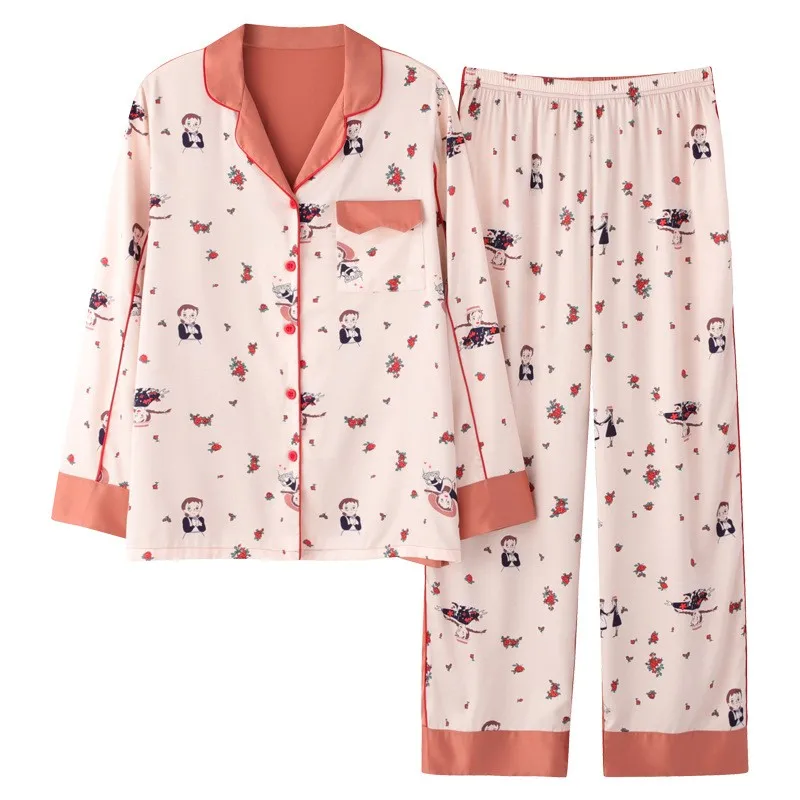 

New Plus Size Pajamas Suit Sweet Cute Long-sleeved Lace Collar Spring Autumn Silky Satin Rayon Light Mature Female Fruit Print